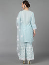 Ahika Women Blue Poly Silk Embroidered Straight Kurta Sharara Set With Dupatta