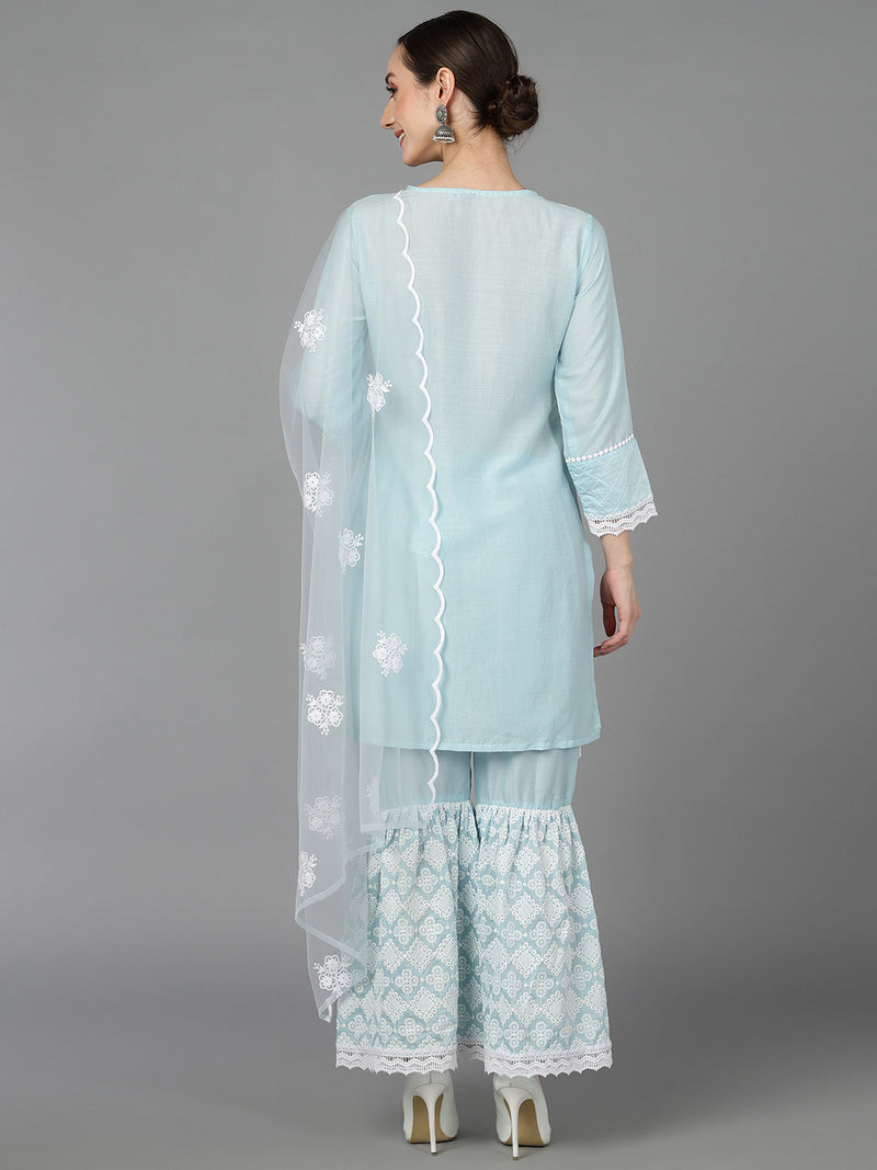 Ahika Women Blue Poly Silk Embroidered Straight Kurta Sharara Set With Dupatta