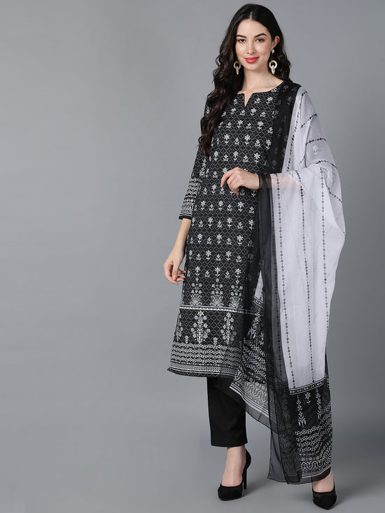 Ahika Women Black Polyester Printed Straight Kurta Pant Set With Dupatta