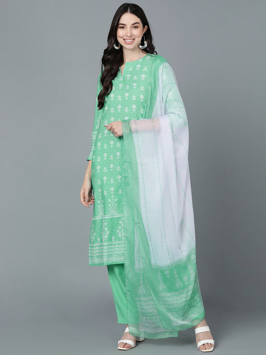 Ahika Women Green Polyester Printed Straight Kurta Pant Set With Dupatta