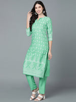 Ahika Women Green Polyester Printed Straight Kurta Pant Set With Dupatta