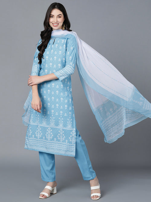 Ahika Women Blue Polyester Printed Straight Kurta Pant Set With Dupatta