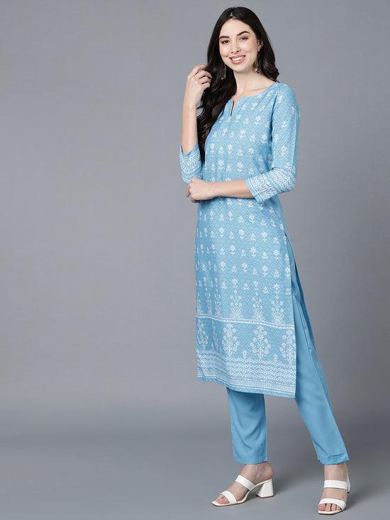 Ahika Women Blue Polyester Printed Straight Kurta Pant Set With Dupatta