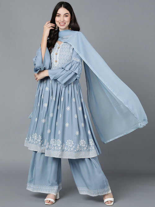 Ahika Women Blue Poly Silk Embroidered Anarkali Kurta Sharara Set With Dupatta
