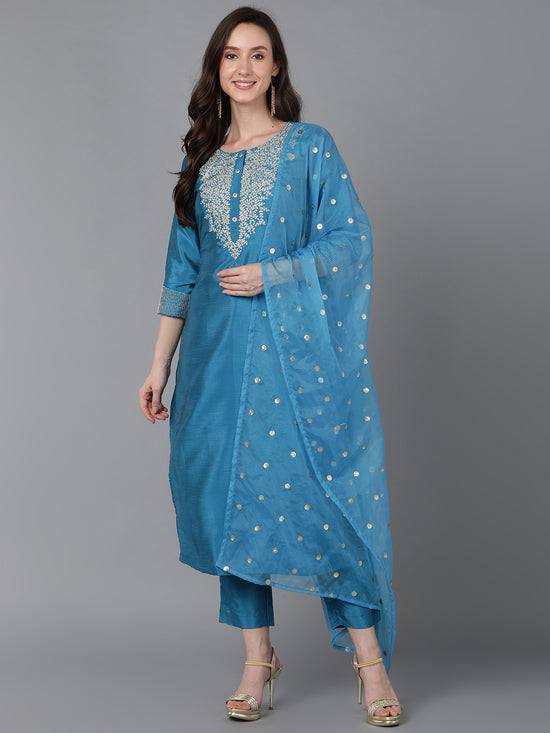 Ahika Women Blue Poly Silk Embroidered Straight Kurta Pant Set With Dupatta