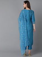 Ahika Women Blue Poly Silk Embroidered Straight Kurta Pant Set With Dupatta