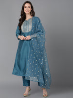 Ahika Women Blue Poly Silk Embroidered Straight Kurta Pant Set With Dupatta