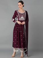 Ahika Women Burgundy Silk Blend Embroidered Kurta Trousers With Dupatta