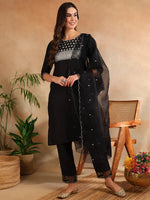 Ahika Women Black Poly Silk Yoke Design Kurta Trousers With Dupatta