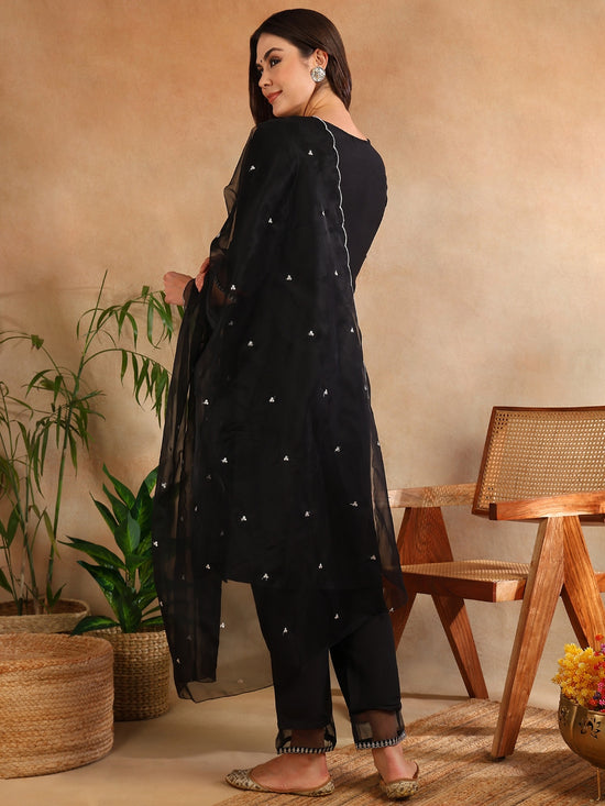 Ahika Women Black Poly Silk Yoke Design Kurta Trousers With Dupatta