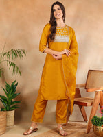 Ahika Women Mustard Poly Silk Yoke Design Kurta Trousers With Dupatta