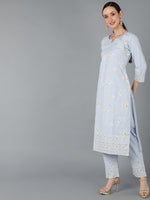 Ahika Women Blue Cotton Embroidered Straight Kurta Pant Set With Dupatta