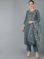 Ahika Women Charcoal Silk Blend Embroidered Kurta Set