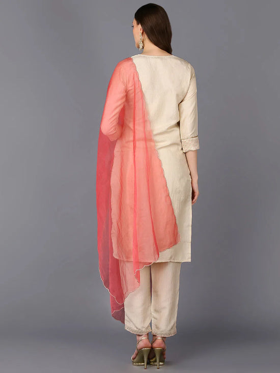 Silk Blend Beige Embroidered Straight Kurta Pant