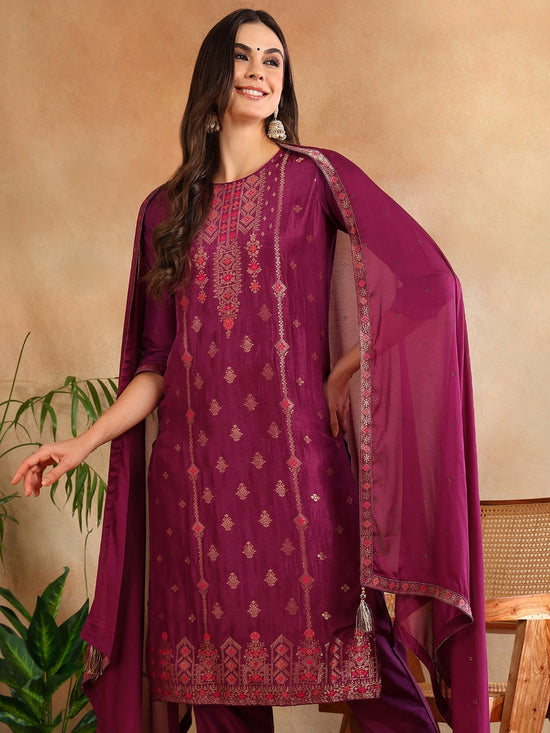 Silk Blend Maroon Embroidered Straight Kurta Pant