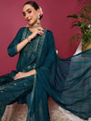 Ahika Women Teal Silk Blend Woven Design Straight Kurta Pant Set With Dupatta