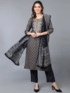 Silk Blend Grey Printed Straight Kurta Pant-PKSKD1790A_XS