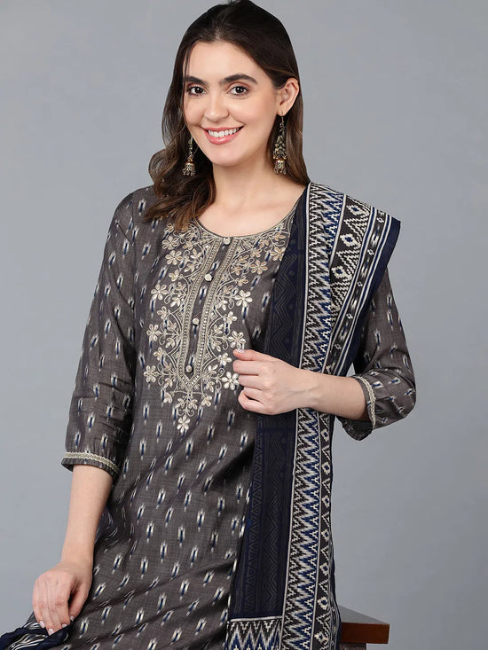 Silk Blend Grey Printed Straight Kurta Pant-PKSKD1790A_XS