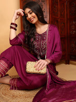 Silk Blend Purple Embroidered Straight Kurta Pant