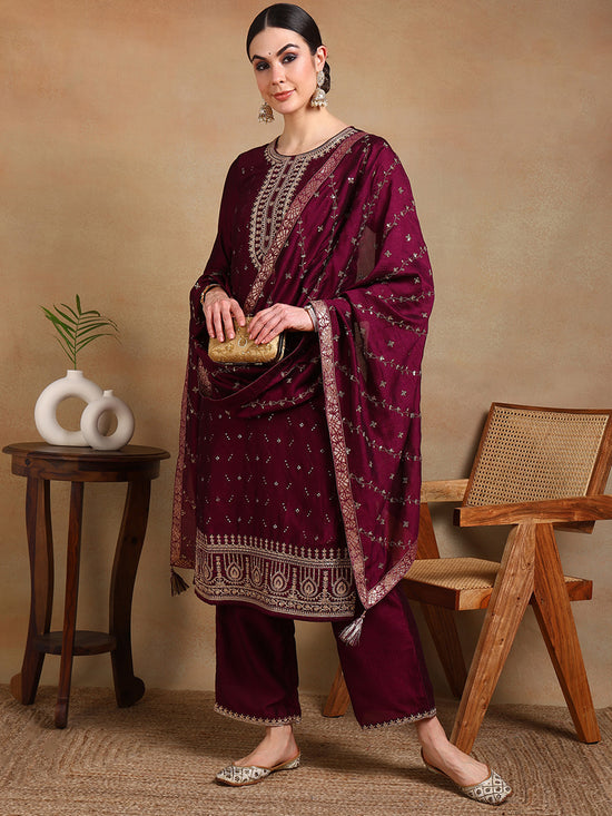 Ahika Women Burgundy Silk Blend Embroidered Straight Kurta Palazzo Set With Dupatta