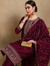Ahika Women Burgundy Silk Blend Embroidered Straight Kurta Palazzo Set With Dupatta