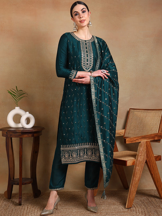 Ahika Women Green Silk Blend Embroidered Straight Kurta Palazzo Set With Dupatta