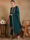 Ahika Women Green Silk Blend Embroidered Straight Kurta Palazzo Set With Dupatta