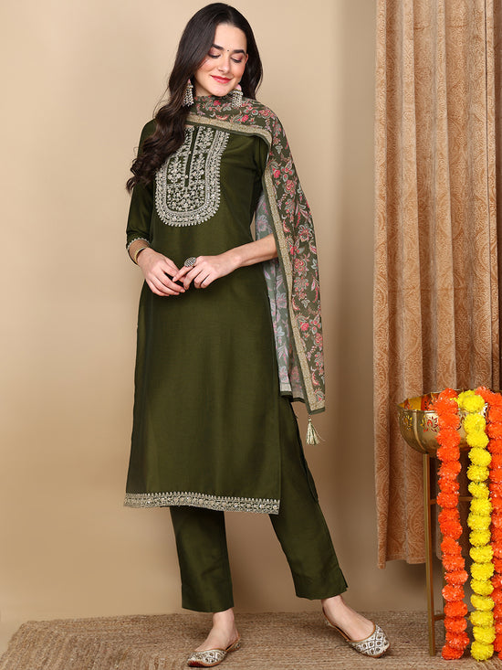 Ahika Women Olive Silk Blend Embroidered Straight Kurta Pant Set With Dupatta