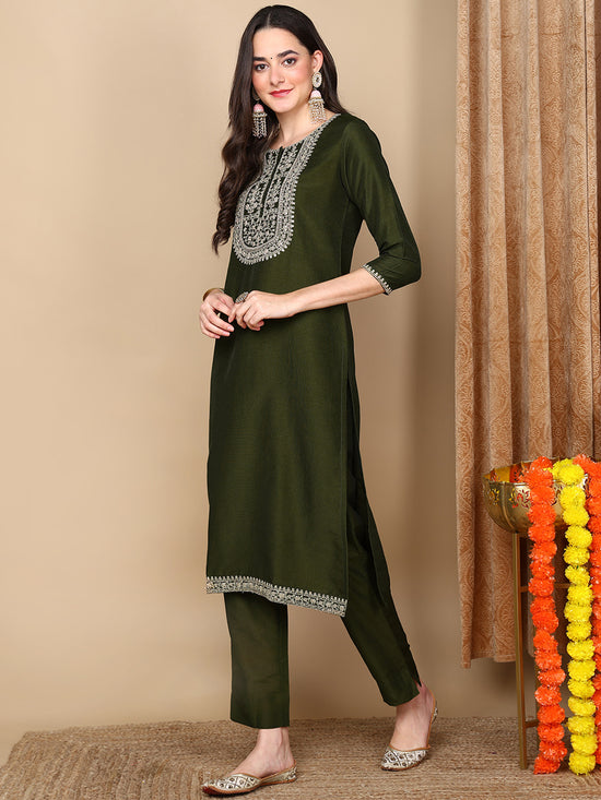 Ahika Women Olive Silk Blend Embroidered Straight Kurta Pant Set With Dupatta