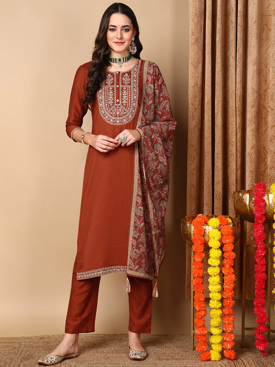 Ahika Women Rust Silk Blend Embroidered Straight Kurta Pant Set With Dupatta