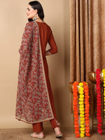 Ahika Women Rust Silk Blend Embroidered Straight Kurta Pant Set With Dupatta