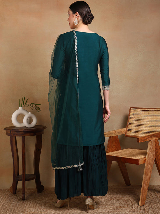 Ahika Women Green Silk Blend Embroidered Straight Kurta Sharara Set With Dupatta