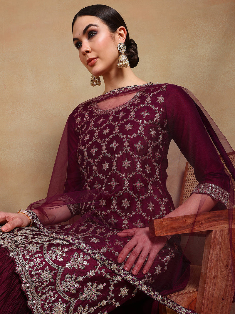 Ahika Women Burgundy Silk Blend Embroidered Straight Kurta Sharara Set With Dupatta