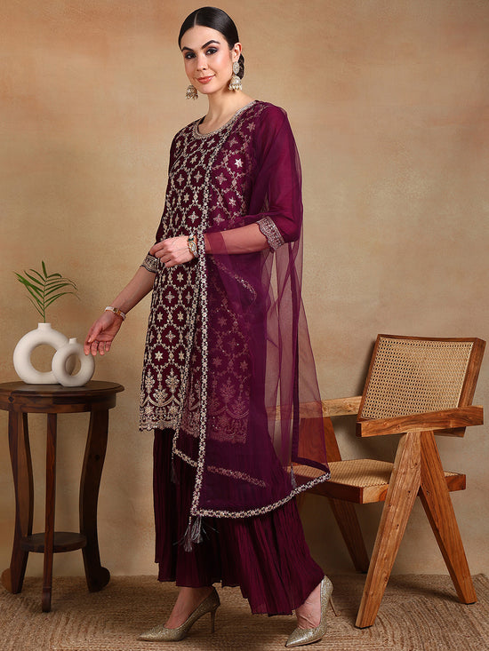 Ahika Women Burgundy Silk Blend Embroidered Straight Kurta Sharara Set With Dupatta