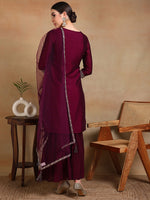 Ahika Women Burgundy Silk Blend Embroidered Straight Kurta Sharara Set With Dupatta
