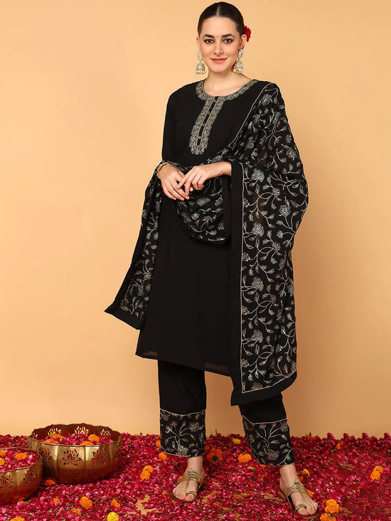 Ahika Women Black Poly Georgette Solid Embroidered Straight Kurta Palazzo With Dupatta