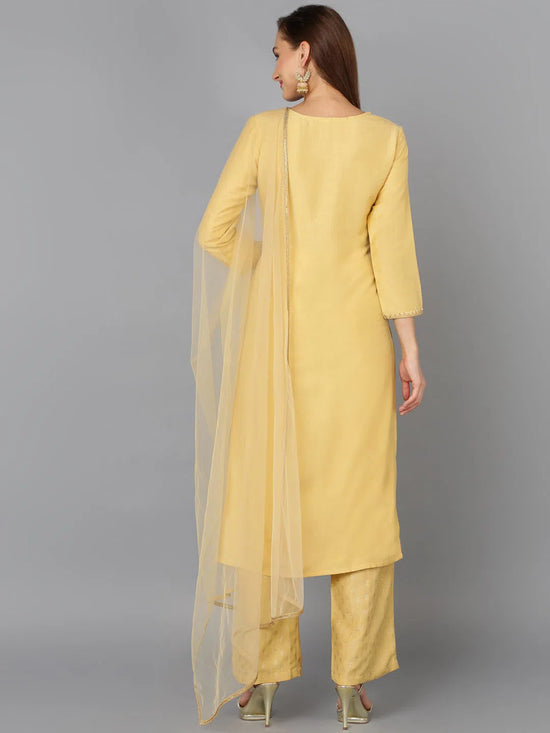 Flaxen Yellow Silk Blend Embroidered Festive wear