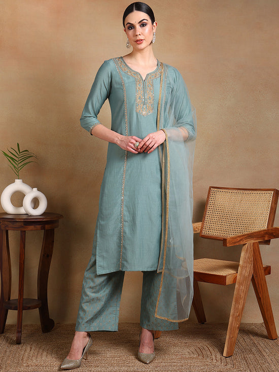 Ahika Women Sea Green Silk Blend Embroidered Straight Kurta Palazzo Set With Dupatta