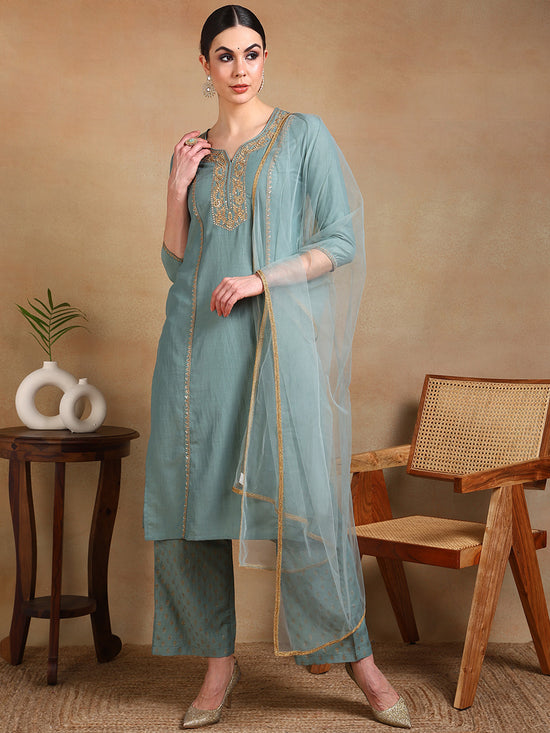 Ahika Women Sea Green Silk Blend Embroidered Straight Kurta Palazzo Set With Dupatta