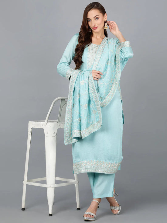 Ice Blue Silk Blend Embroidered Festive wear