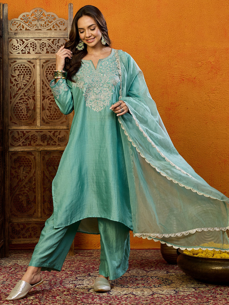 Ahika Polyester Solid Green Indian Ethnic
