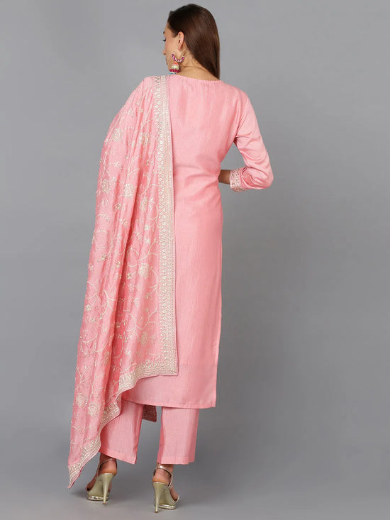 Flamingo Pink Silk Blend EmbroideredParty wear Suit