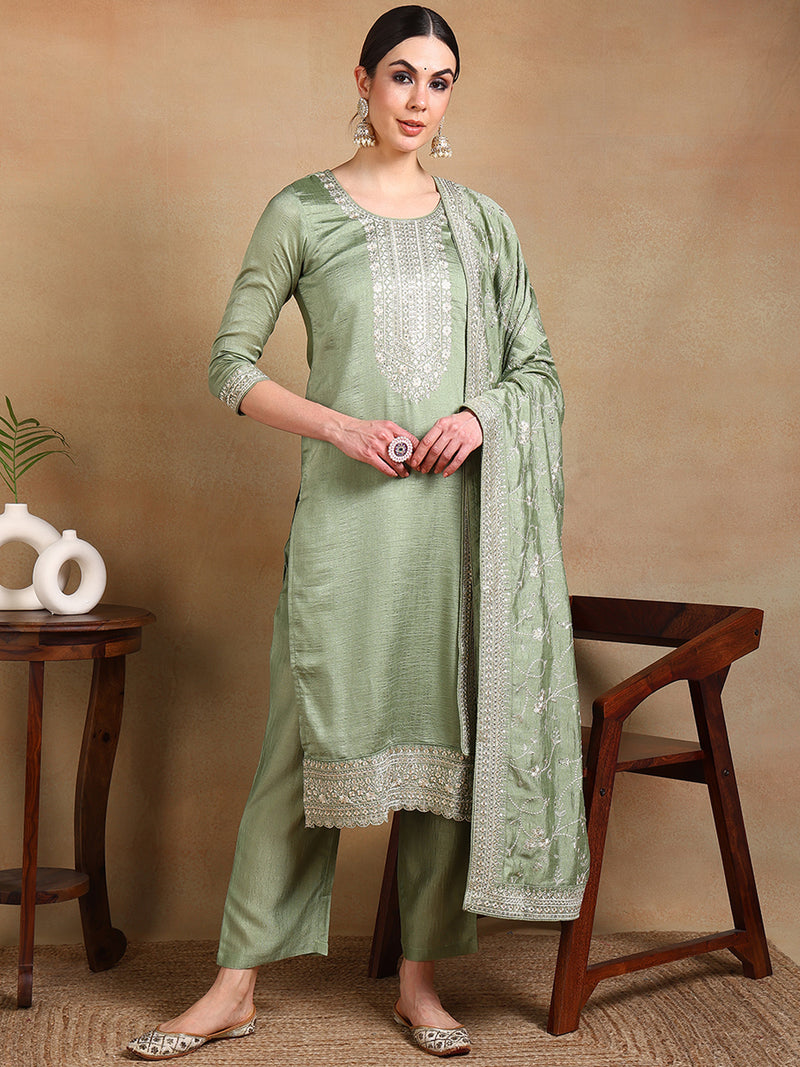 Ahika Women Green Silk Blend Embroidered Straight Kurta Pant Set With Dupatta