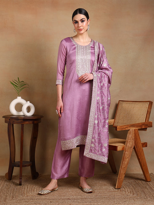 Ahika Women Lavender Silk Blend Embroidered Straight Kurta Pant Set With Dupatta