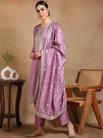 Ahika Women Lavender Silk Blend Embroidered Straight Kurta Pant Set With Dupatta