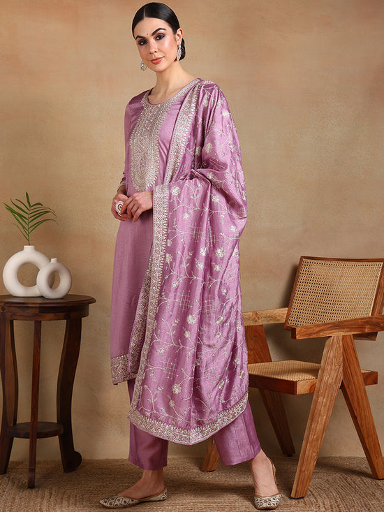 Ahika Women Lavender Silk Blend Embroidered Straight Kurta Pant Set With Dupatta