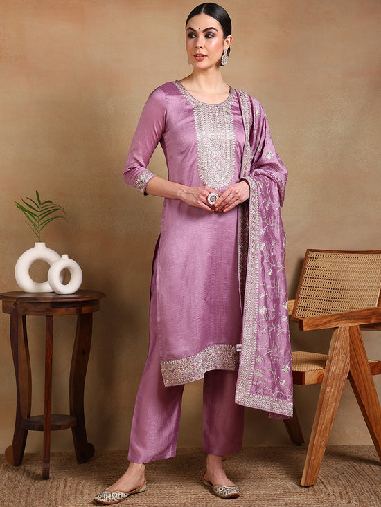 Ahika Women Lavender Silk Blend Embroidered Straight Kurta Pant Set With Dupatta