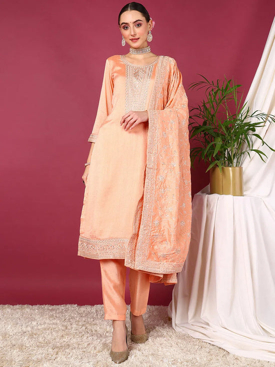 Ahika Women Peach Silk Blend Solid Embroidered Straight Kurta Trouser With Dupatta-PKSKD1899A_XS