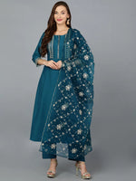 Silk Blend Turquoise Embroidered Anarkali Festive wear