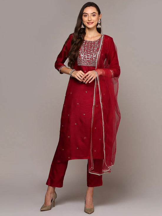 Ahika Women Silk Blend Wine Rogan Work Straight Kurta Pant With Dupatta PKSKD1941A